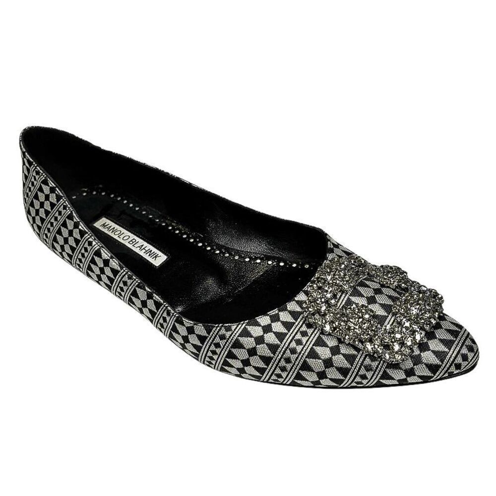 Manolo Blahnik Hangisi Crystal Buckle Flats Black White EU 38.5